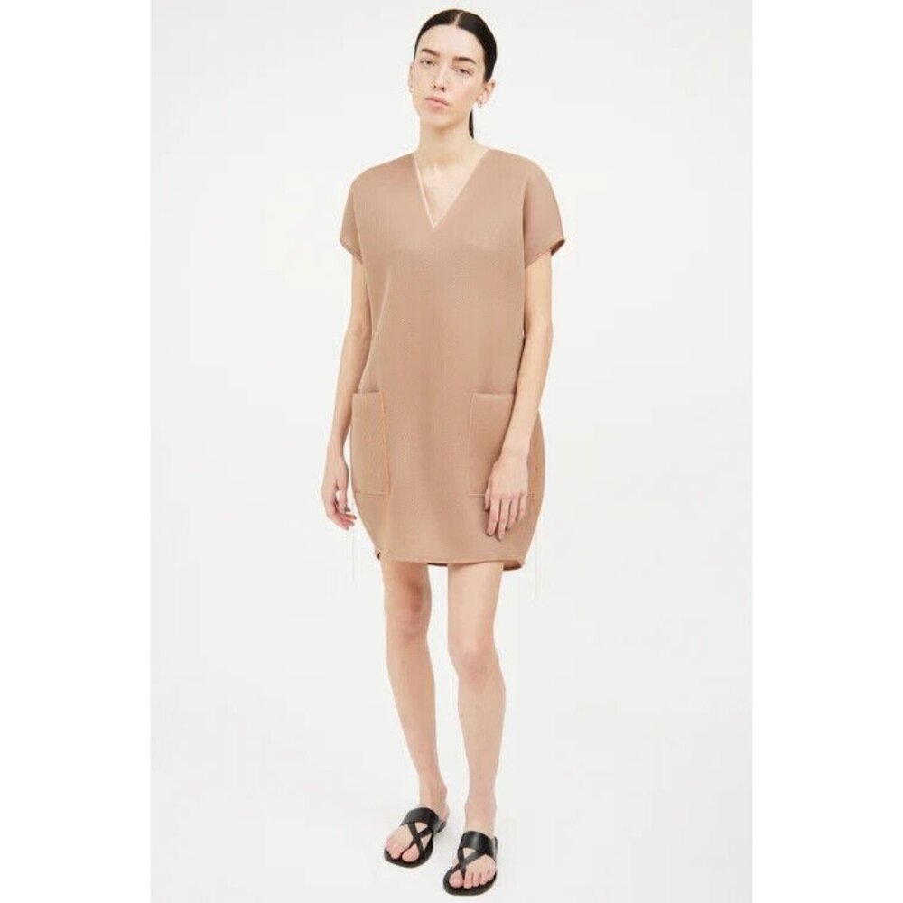 Marie Saint Pierre Tan Beige Perforated Short Sleeve V-Neck Shift Dr, Size 4 (1)
